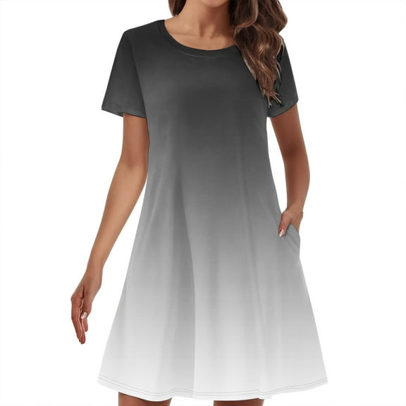 asdoklhq Midi Dresses for Women Summer Gradient Color Double Pocket Short Sleeve Round Neck T-shirt Dress Black M