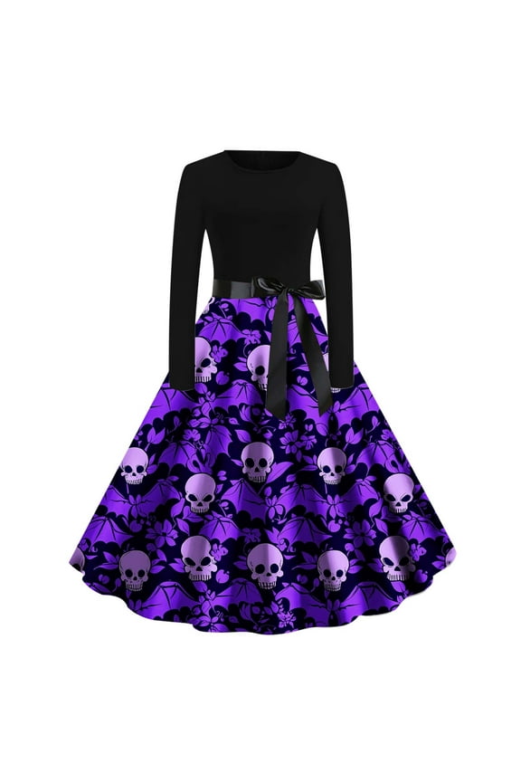 Mini Dresses for Women Halloween Printed Round Neck Long Sleeve Dress Purple M