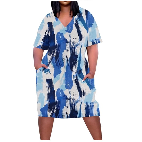 asdoklhq Mini Dresses for Women Oversized Printed Loose Casual Short Sleeved-neck Knee Length Dress Multicolor 5X