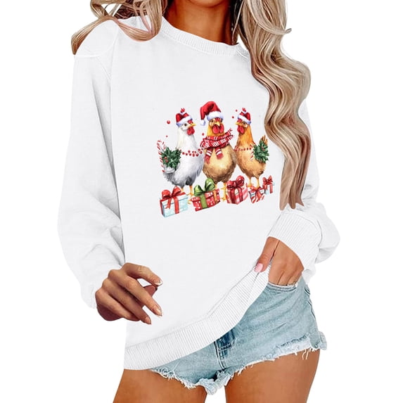 asdoklhq Mock Neck Sweatshirt Women's Round Neck Hoodless Christmas Printed Casual Loose Sweatshirt White 2X
