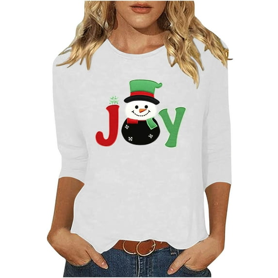 asdoklhq Mock Neck Tops for Women Christmas Ladies' Christmas Round Neck 3/4 Sleeve T-shirt Shirt White 3X