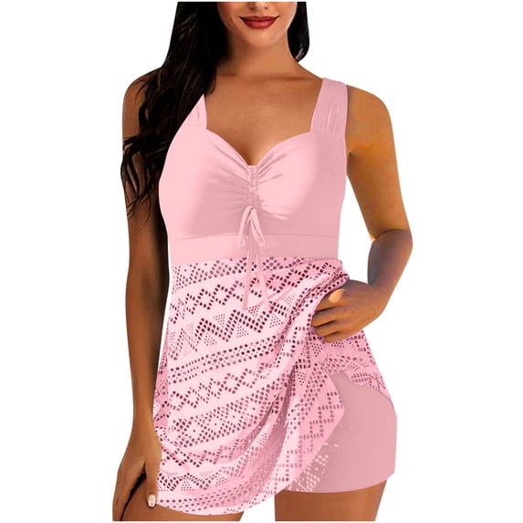asdoklhq Modest Cotton Womens Tankini Bathing Suits Women's Conservative Solid Color Hollowed Out Camisole Split Swimsuit Set Pink XL