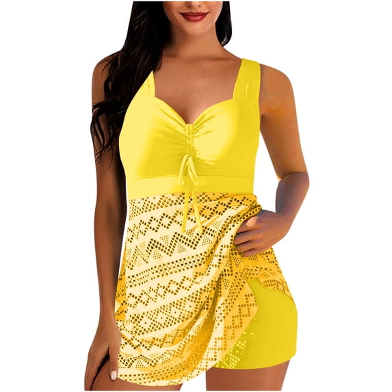 asdoklhq Modest Cotton Womens Tankini Bathing Suits Women's Conservative Solid Color Hollowed Out Camisole Split Swimsuit Set Yellow 2X