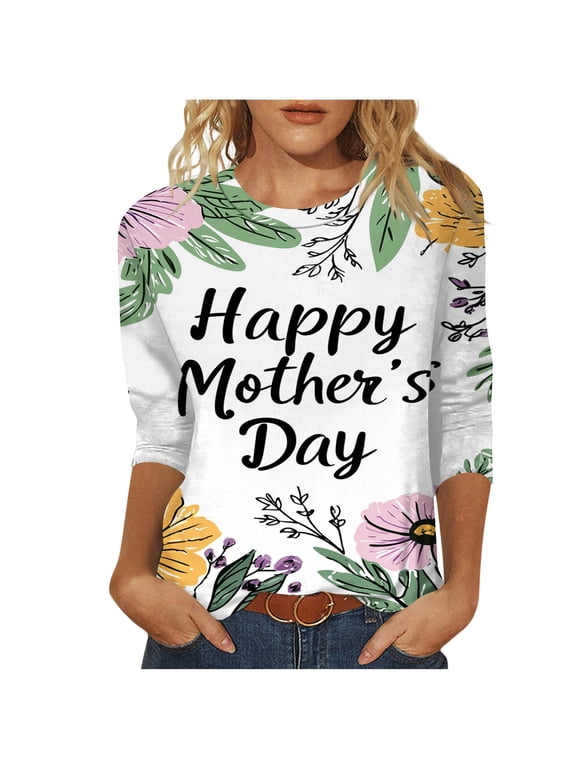 Mommom Gift Tshirt Womens Tops Fashion Women's Casual Print Round Neck 3/4 Sleeve T-shirt Blouse Green S