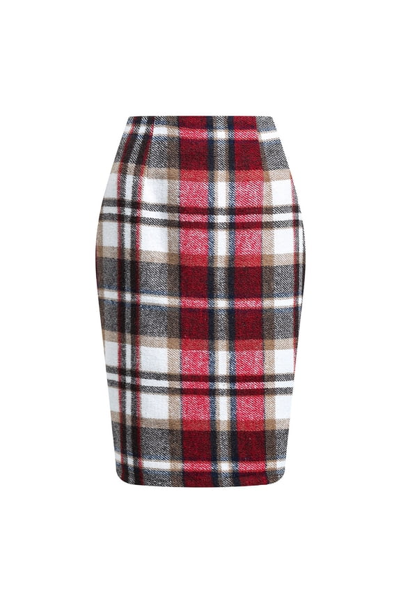 Moomoo Dresses for Women Fall and Winter High Waist Tight Knee Length Woolen Plaid Midi Skirt Red M