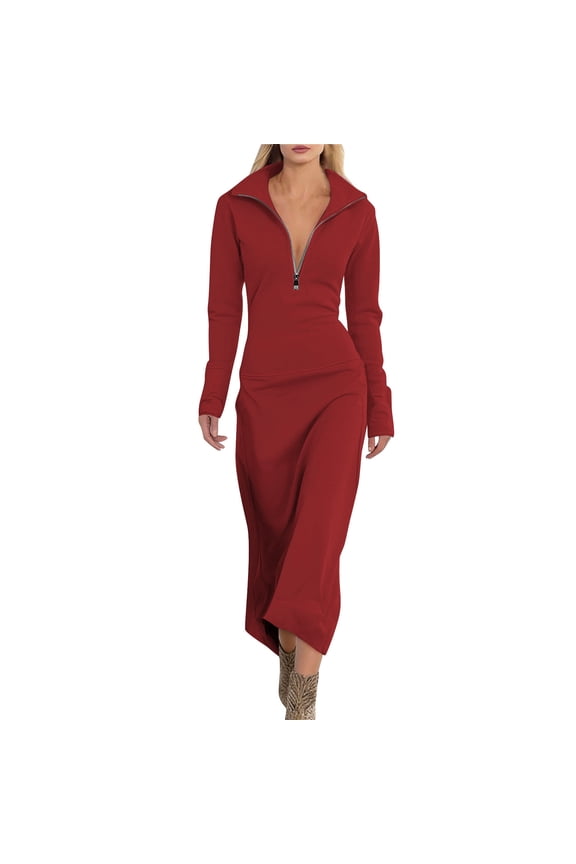 Moomoo Dresses for Women Fashionable Solid Color Long Sleeved Turndown Collar Dress Long Skirt Red L