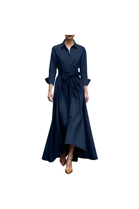 Mother Of Bride Dresses Homecoming Dresses Ladies' Casual Long Sleeved V-neck Solid Color Pleated Waistband Dress Navy M