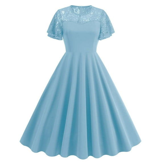 asdoklhq Mother Of The Bride Dresses for Women European and Round Neck Lace Patchwork Dress Short Sleeved Round Neck Knee Length Dress Sky Blue M