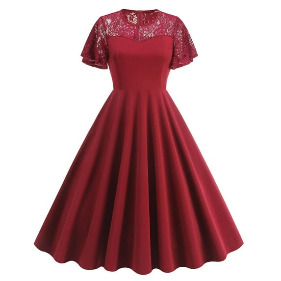 asdoklhq Mother Of The Bride Dresses for Women European and Round Neck Lace Patchwork Dress Short Sleeved Round Neck Knee Length Dress Wine M