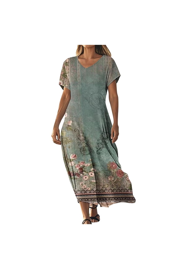 Mother Of The Bride Dresses for Women Fashionable Printed Short Sleeved V-neck Dress Long Skirt Army Green L