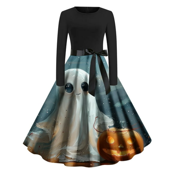 asdoklhq Mother Of The Bride Dresses for Women Ladies' Long Sleeved Round Neck Christmas Printed Loose Skirt Dress Multicolor 2X