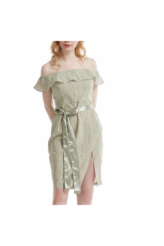 Mother Of The Bride Dresses for Women Off-the-Shoulder Ruffled Short Sleeve Striped Belted Slit Mini Dress Army Green 2X