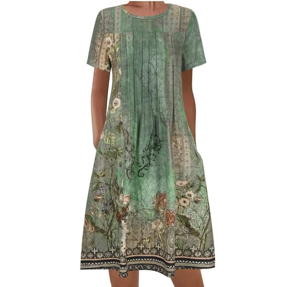 asdoklhq Mother Of The Bride Dresses for Women Summer Bohemian Print Short Sleeve Beach Dress Knee Length Dress Green M