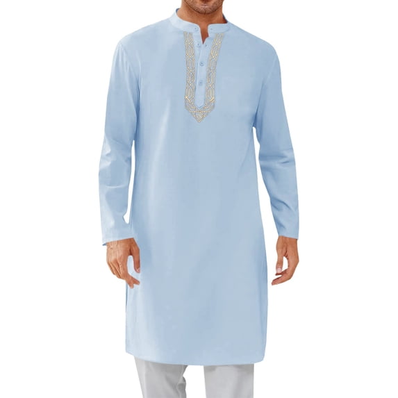 asdoklhq Muslim Gown Shirt Saudi Thobe Prayer Robe Men's Muslim Robe Set Arab Middle Robe Long Sleeve Standing Neck Pocket Button Casual Robe Blue 3X