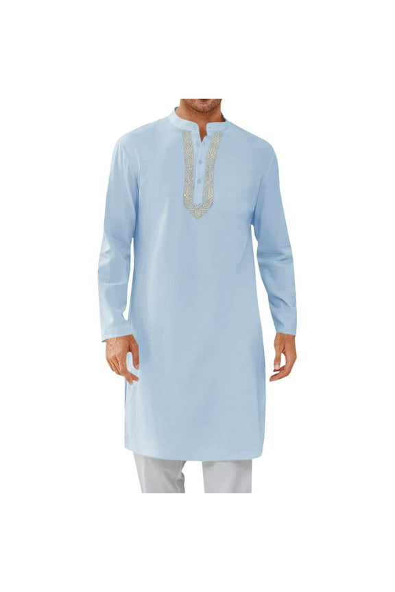 Muslim Gown Shirt Saudi Thobe Prayer Robe Men's Muslim Robe Set Arab Middle Robe Long Sleeve Standing Neck Pocket Button Casual Robe Blue S