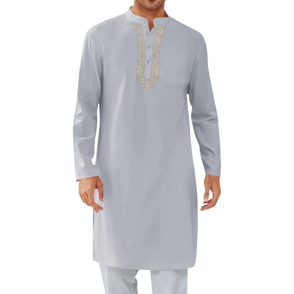 asdoklhq Muslim Gown Shirt Saudi Thobe Prayer Robe Men's Muslim Robe Set Arab Middle Robe Long Sleeve Standing Neck Pocket Button Casual Robe Gray XL