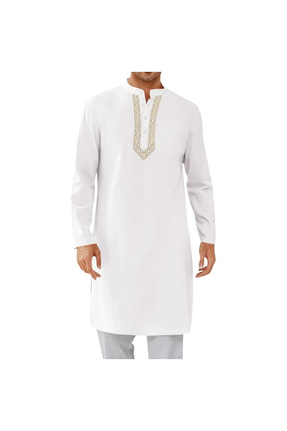 Muslim Gown Shirt Saudi Thobe Prayer Robe Men's Muslim Robe Set Arab Middle Robe Long Sleeve Standing Neck Pocket Button Casual Robe White S