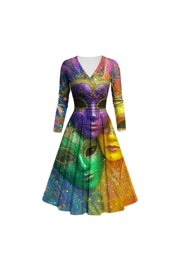 Nye Dresses for Women Ladies' Printed Style Long Sleeved V-neck Dress Multicolor S
