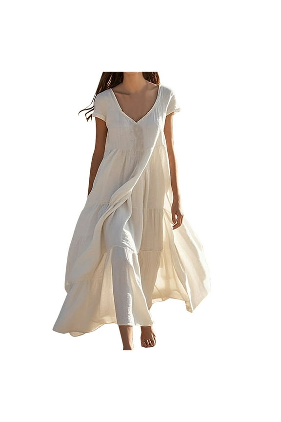 Nye Dresses for Women Short Sleeve Summer Dresses for Women Print Sleeveless Round Neck Dress Casual Long Dresses Beige 2X