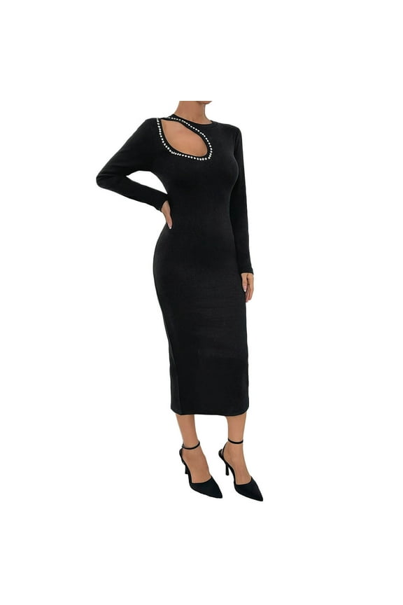 Nye Dresses for Womens Inlaid Hollow Tight Fitting Hip Hugging Long Sleeved Dress Black S