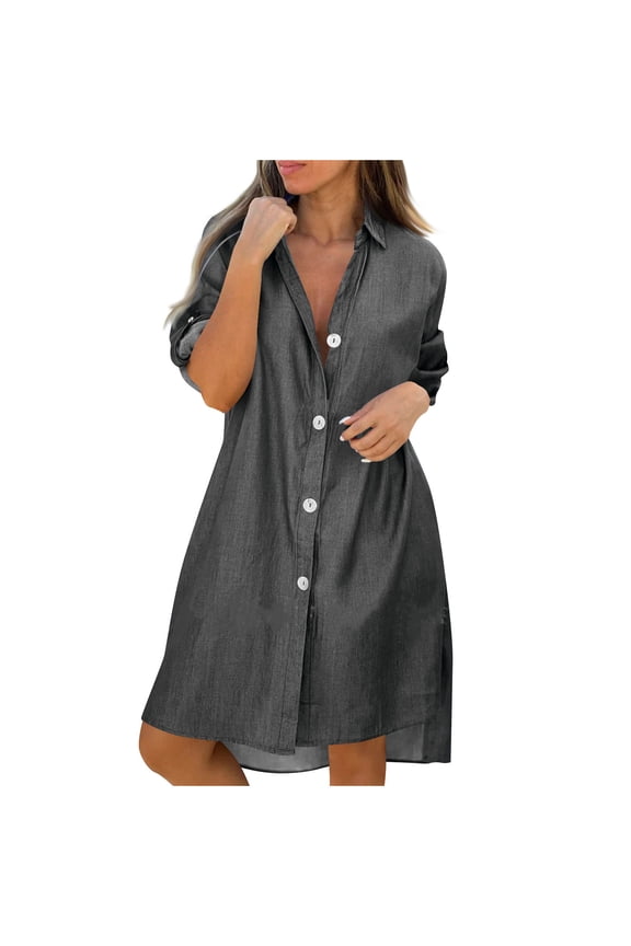 Nye Dresses for Womens Solid-Color Button Short-Sleeved Lapel Casual Belt Pocket Shirt Dress Black 5X