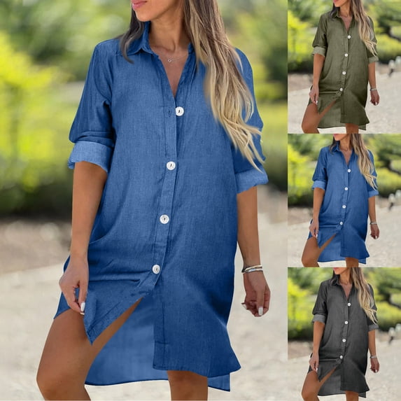 asdoklhq Nye Dresses for Womens Solid-Color Button Short-Sleeved Lapel Casual Belt Pocket Shirt Dress Black XL