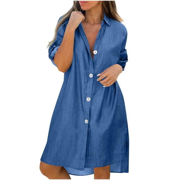 asdoklhq Nye Dresses for Womens Solid-Color Button Short-Sleeved Lapel Casual Belt Pocket Shirt Dress Blue 4X