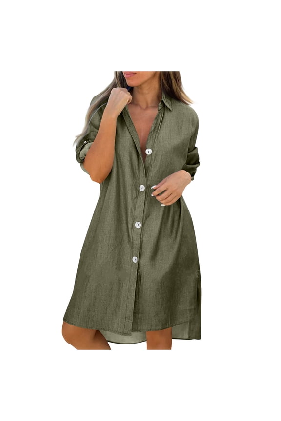Nye Dresses for Womens Solid-Color Button Short-Sleeved Lapel Casual Belt Pocket Shirt Dress Green 4X