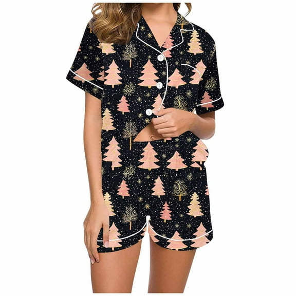 asdoklhq Onesie Pajamas for Women Women Christmas Printed Stand Up Collar Pocket Short Sleeved Top Shorts Home Wear Pajama Set Black S