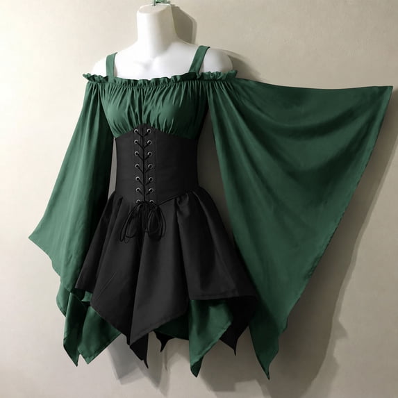 asdoklhq Orange Dresses For Women Formal Dress Ladies' Medieval Court Gothic Style Halloween Beer Festival Block Green S