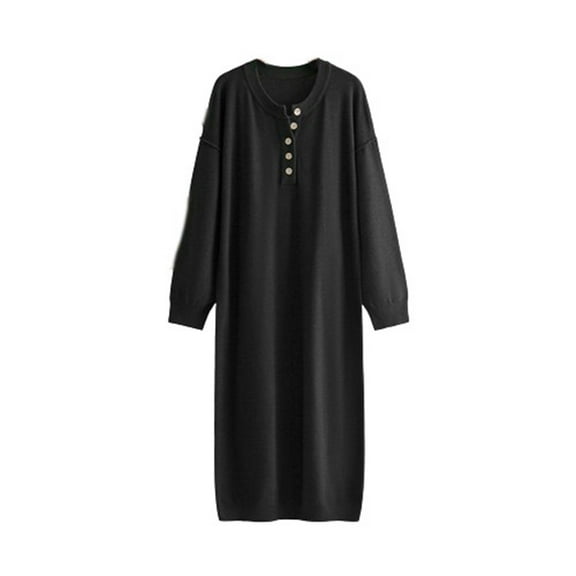 asdoklhq Overall Dress for Women Button Knit Sweater Solid Color Loose Casual Round Neck Sweater Dress Black Free Size