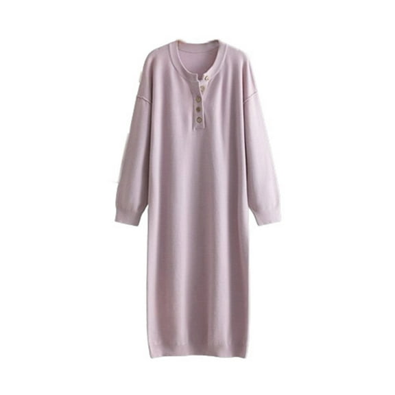 asdoklhq Overall Dress for Women Button Knit Sweater Solid Color Loose Casual Round Neck Sweater Dress Purple Free Size