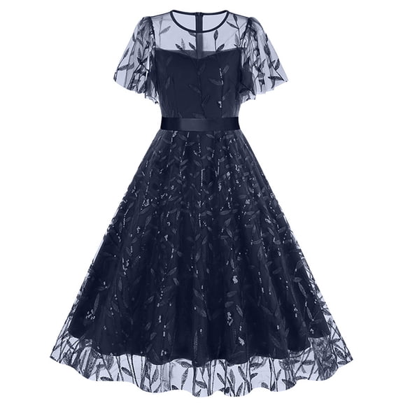 asdoklhq Oversize Dress Women's Fashionable Casual Summer Solid Color Short Sleeved Round Neck Dress Navy 2X