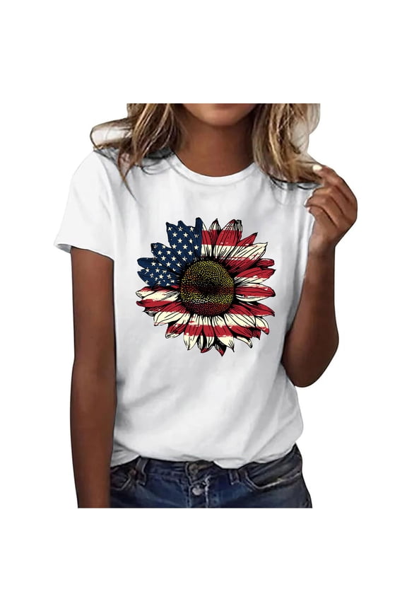 Oversized July 4th Shirts American Flag Tshirts Independence Day Tops Woman Independence Day Printed Round Neck Short Sleeve 12Multicolor L