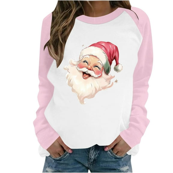 asdoklhq Oversized Sweaters for Women's Casual Christmas Printed Long-sleeved Round-neck Raglan Sweater Pink 3X