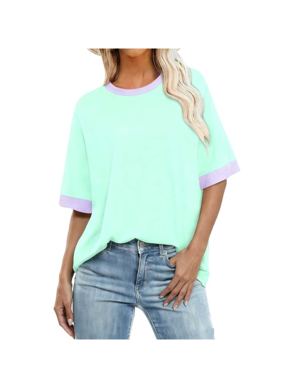 Oversized Tshirts For Women Plus Size Round Neck Short Sleeve Patchwork Color Spring/Summer Base Layer T-Shirt Mint Green 5X