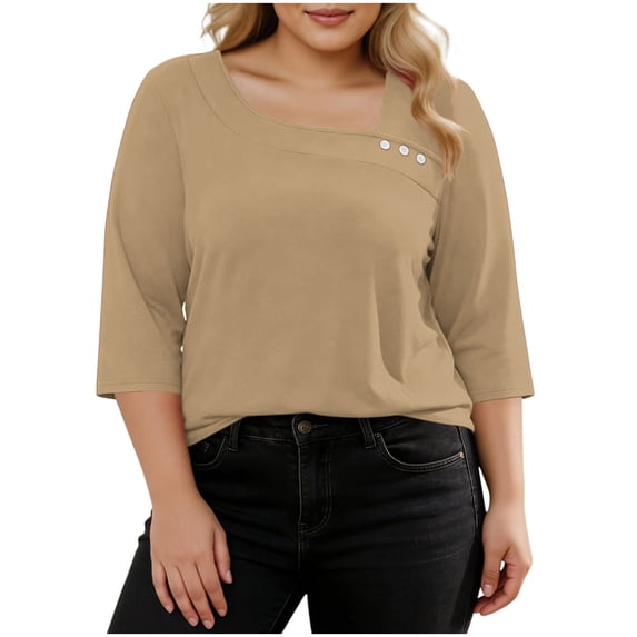 asdoklhq Oversized Tshirts for Women Crop Tops Crewneck Plus Size Fashion Women's Casual Printed V-Neck Long Sleeve T-shirt Button Spring and Summer Tops Khaki 4X