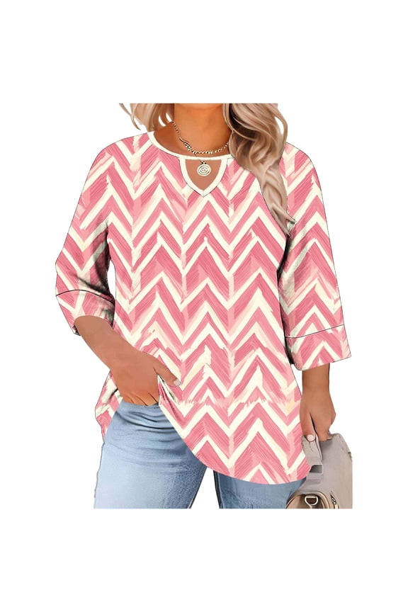 Oversized Tshirts for Women Workout Women's Plus Size Crewneck Top with Front Cutout Three-Quarter SleeveFree Position Printing Base Layer T-Shirt Pink 2X