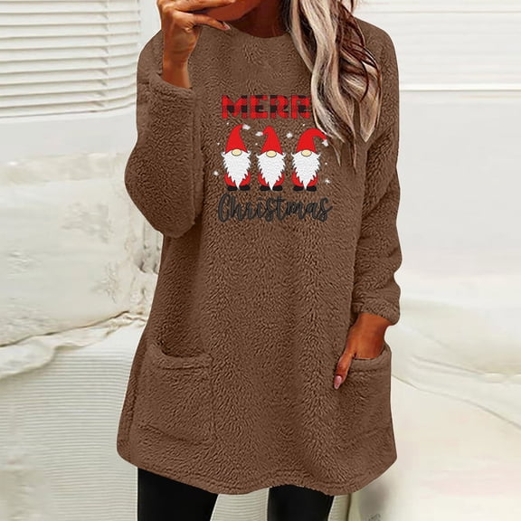 asdoklhq Oversized Tshirts for Women Christmas Round- Neck and Winter Loose Solid Pocket Warm Long Sleeve Blouse Coffee S