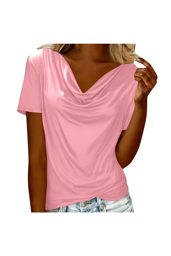 Oversized Tshirts for Women Crewneck Women's Solid Color Fashionable Pile Collar Breathable Summer Short Sleeved Casual T-shirt Top Pink 2X