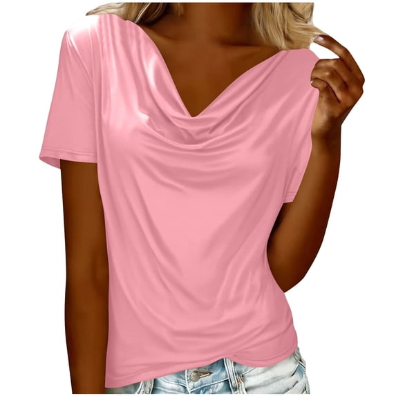 asdoklhq Oversized Tshirts for Women Crewneck Women's Solid Color Fashionable Pile Collar Breathable Summer Short Sleeved Casual T-shirt Top Pink S