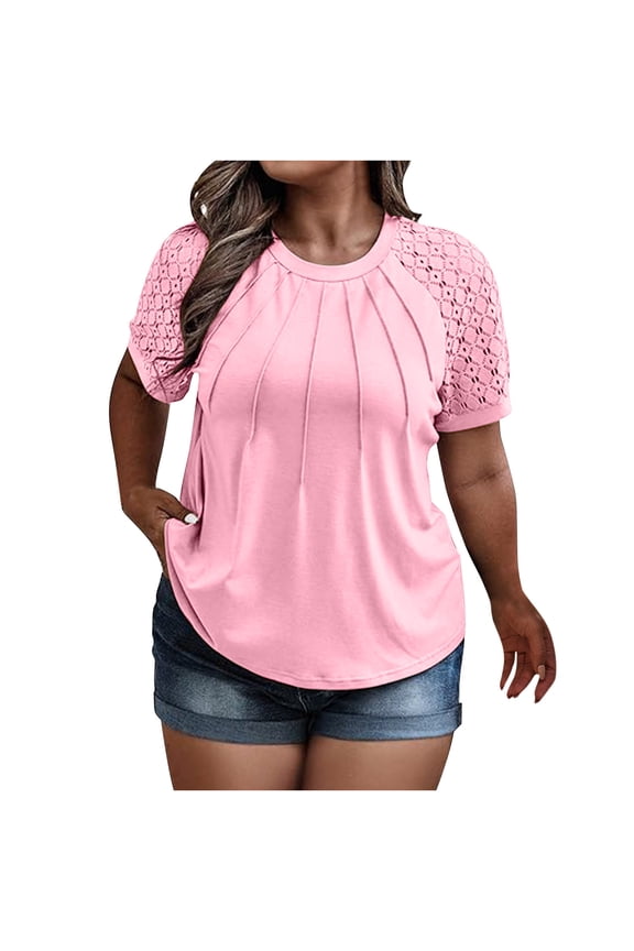 Oversized Tshirts for Women House Peplum Tops Women's Plus Size Top Lace Sleeves Basic Casual Round Neck T-shirt Loose Shirt Pink 4X