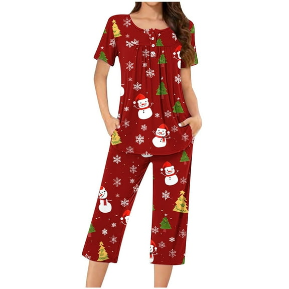 asdoklhq Pajamas for Women Christmas Fashionable Casual Loose Printed Round Neck Button Up Capris Pajama Set Red 3X
