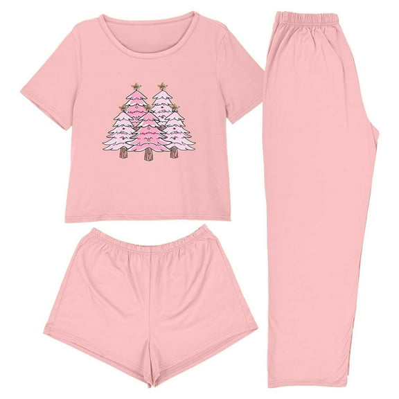 asdoklhq Pajamas for Women Set 3PCS Women's Home Casual Pants Short Sleeves Tops and Shorts Pajamas Set Pink XS