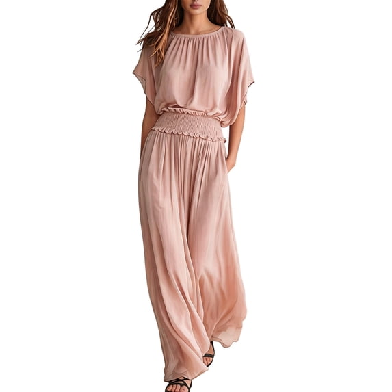 asdoklhq Party Dresses for Women Mother Of The Groom for Wedding Trendy Summer Casual Round-Neck Short Sleeve Button Long Dress Pink L