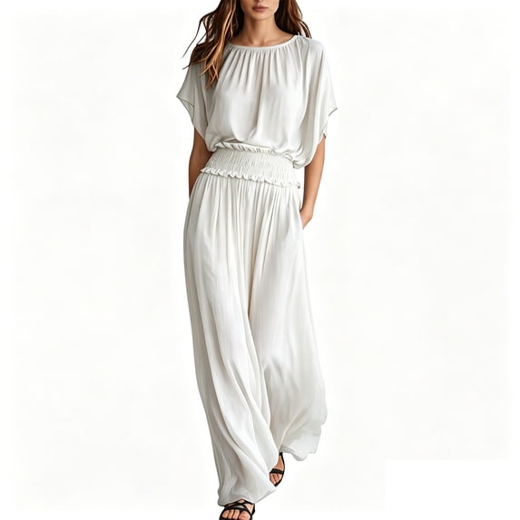 asdoklhq Party Dresses for Women Mother Of The Groom for Wedding Trendy Summer Casual Round-Neck Short Sleeve Button Long Dress White 2X