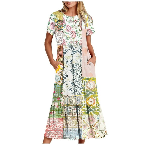 asdoklhq Party Dresses for Women Summer Casual Short Sleeve Crewneck Dress Casual Flowy Tiered Maxi Beach Dress with Pockets Beige S