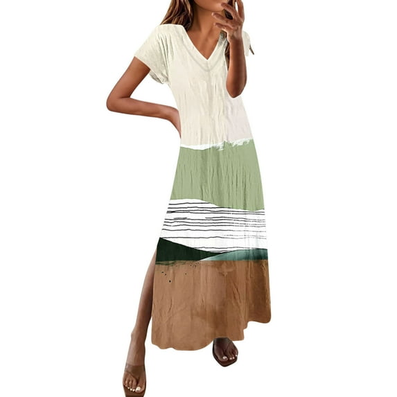 asdoklhq Party Dresses for Womens Spring and Summer V-Neck Solid Casual Short Sleeved Long Dress Red 4X