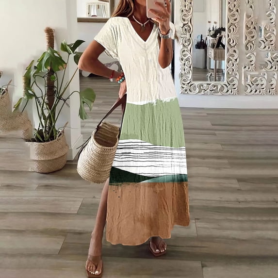 asdoklhq Party Dresses for Womens Spring and Summer V-Neck Solid Casual Short Sleeved Long Dress Red 4X