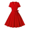 thumbnail image 1 of asdoklhq Plaid Dress Women Retro V-neck Short Sleeves Bowknot Button Belt Large Skirt Hem Dress Red S, 1 of 7